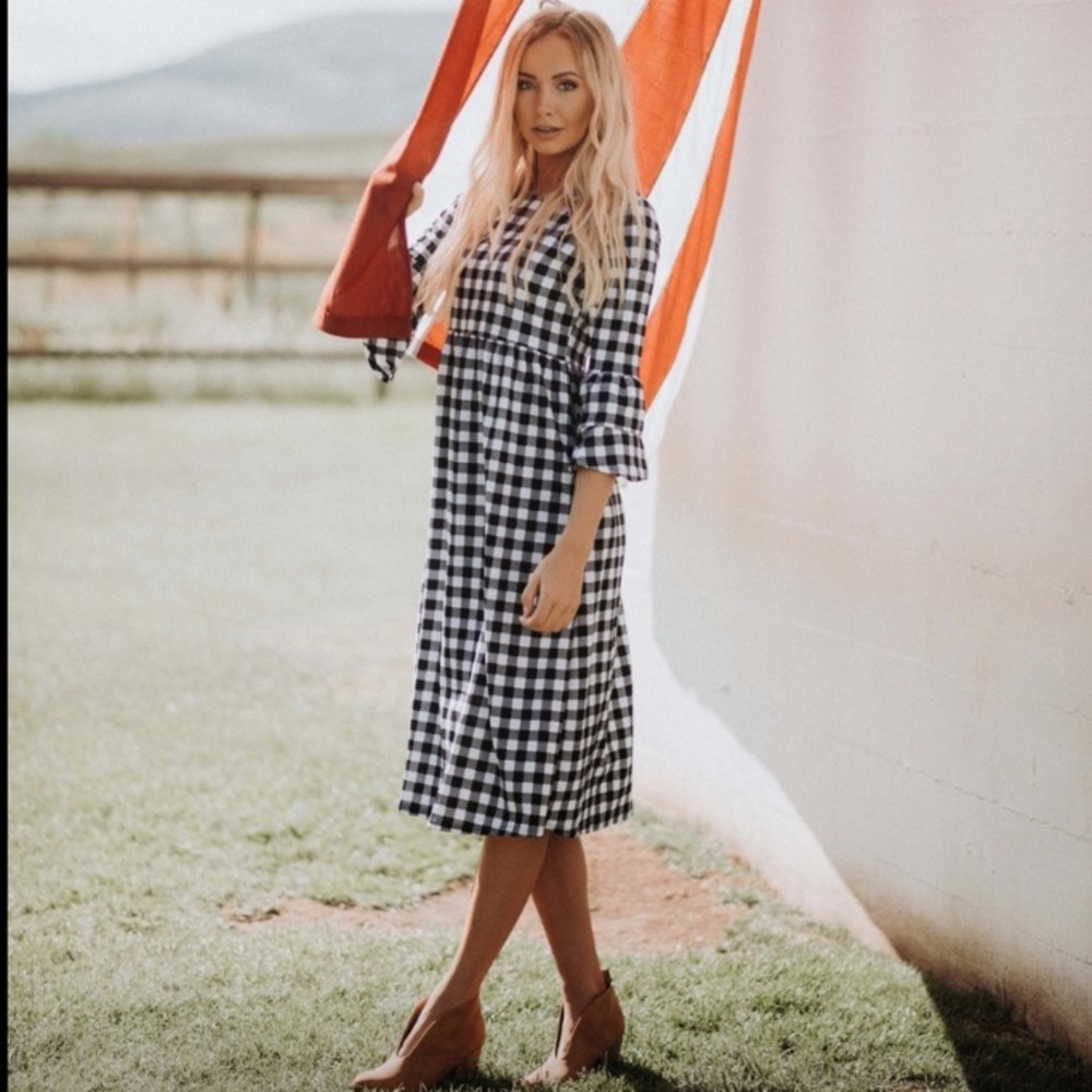Roolee Flamingo Urban buffalo plaid midi dress